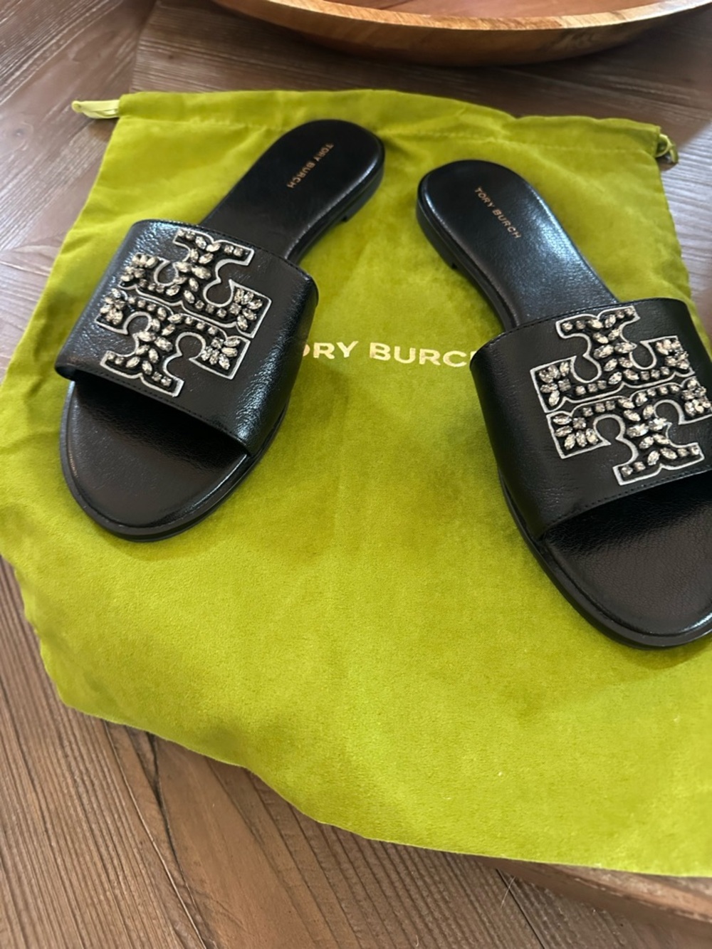 Tory Burch Black Crystal-Embellished Logo Slide Sandals - Picture 6 of 10